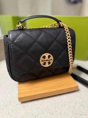 Tory Burch Black Quilted Leather Crossbody with Gold Chain and Logo